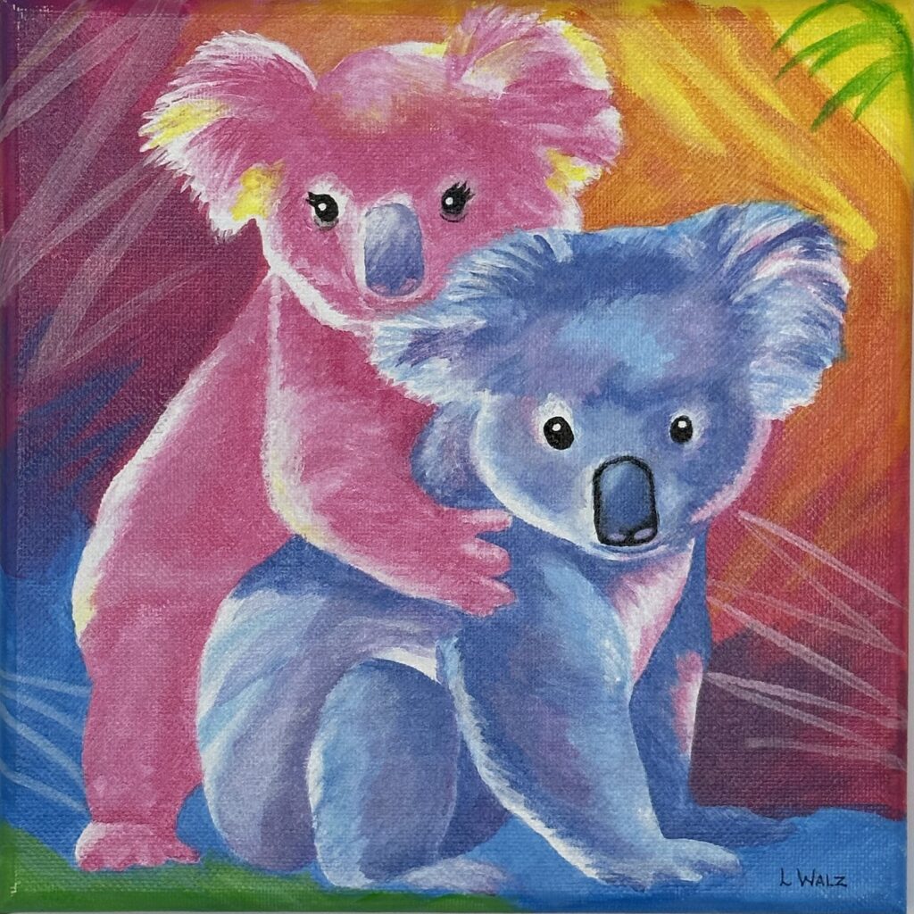 Painting of a small pink koala hugging a blue koala bear