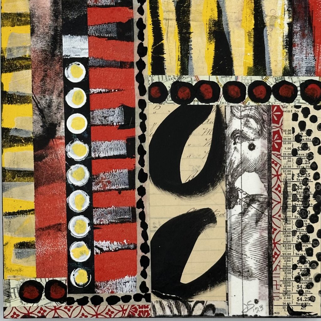 abstract collage of bright yellow and black strips interspersed with red and black elements, white lines of dots, and smaller patterns of dots