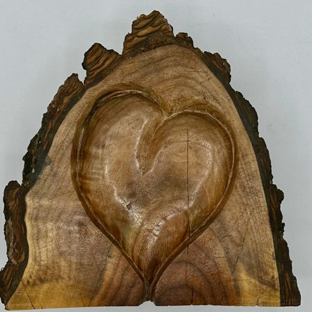 cross-cut of wood including bark with a heart-shaped pattern etched into the side.