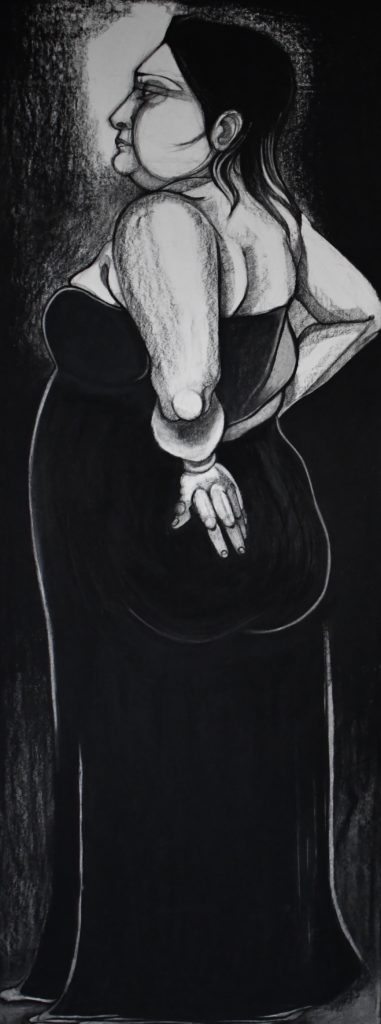 female figure in black and white charcoal drawing
