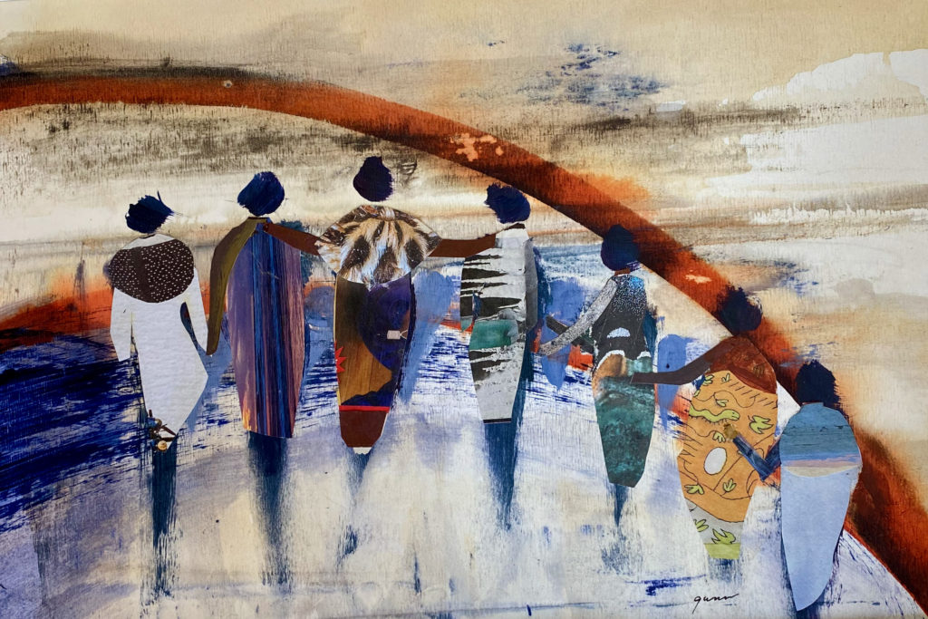 Image of seven figures with colorful robed clothing standing looking toward an arch of color that could be a rainbow or sunset. Artist Jeff Gunn