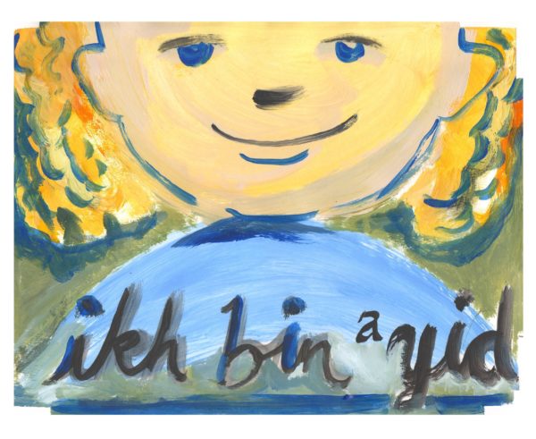 Colorful painting of a face with lettering that says "Ich bin Yid"
