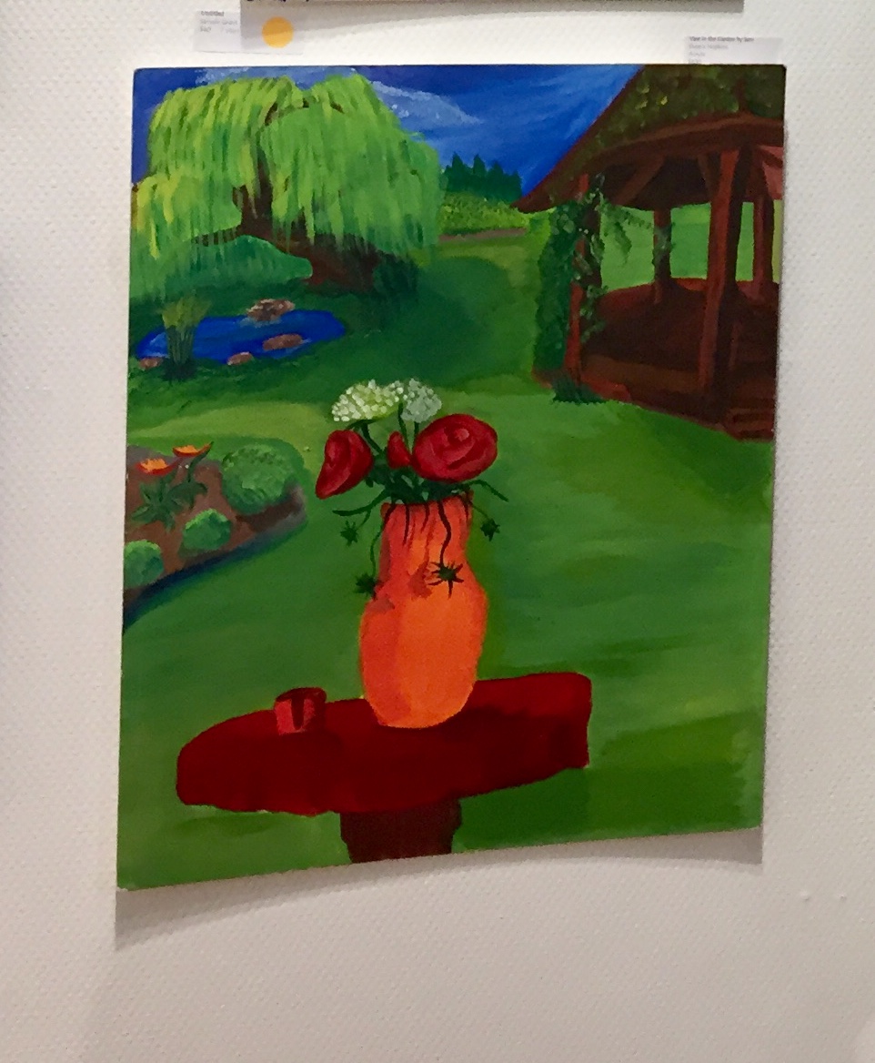 Painting of a vase and flower on a table in a lush green garden.