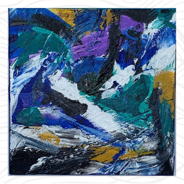 abstract painting in blue, purple white black