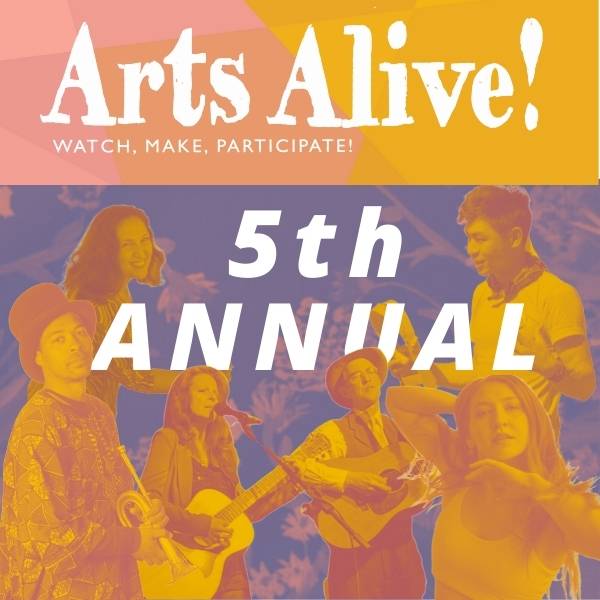 Graphic for Arts Alive 2022, with images of artists, performers in background of the print