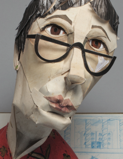 Sculpted head of woman with short dark hair and glasses