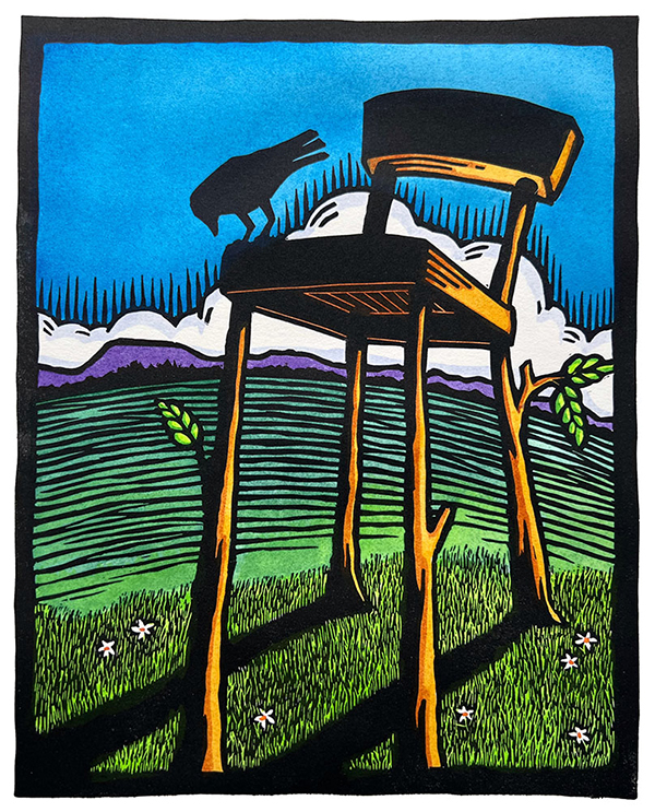 large chair and crow against blue sky print