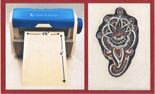 Blue and white sticker printer, with an intricately designed sticker next to it
