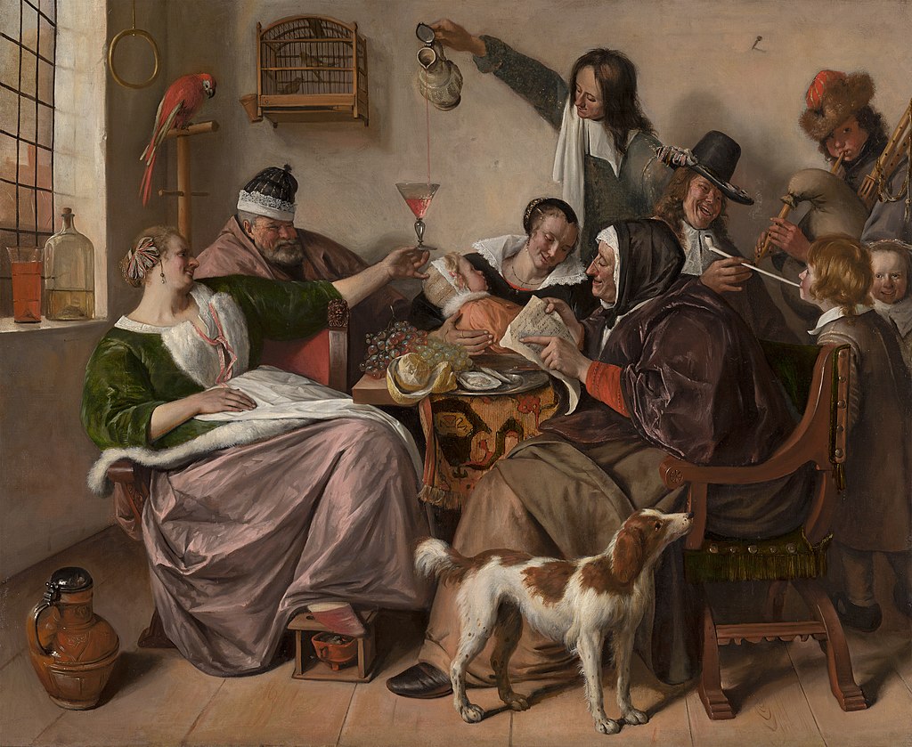 Jan Steen painting from 1600s of "As the old sing, so pipe the young", celebration with wine and music