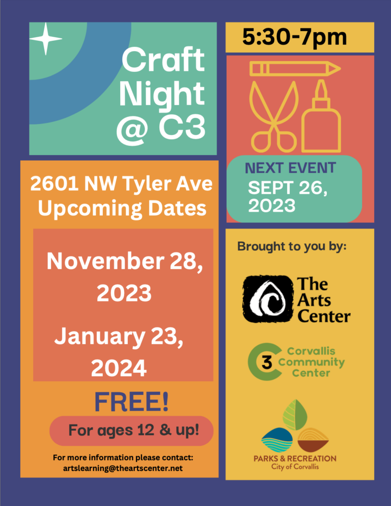 logo for craft nights at C3 corvallis community center include upcoming dates of Nov 28 and Jan 23.