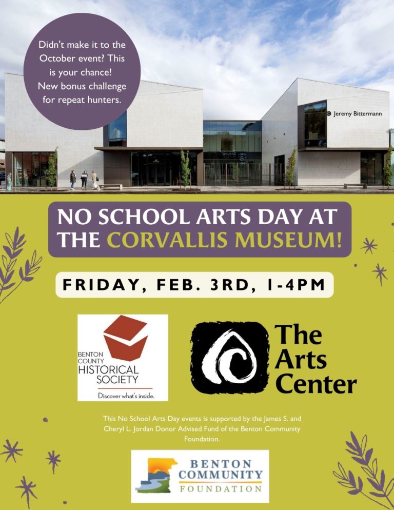 Poster for No School Arts Day at the Corvallis Museum with image of large white tiled museum