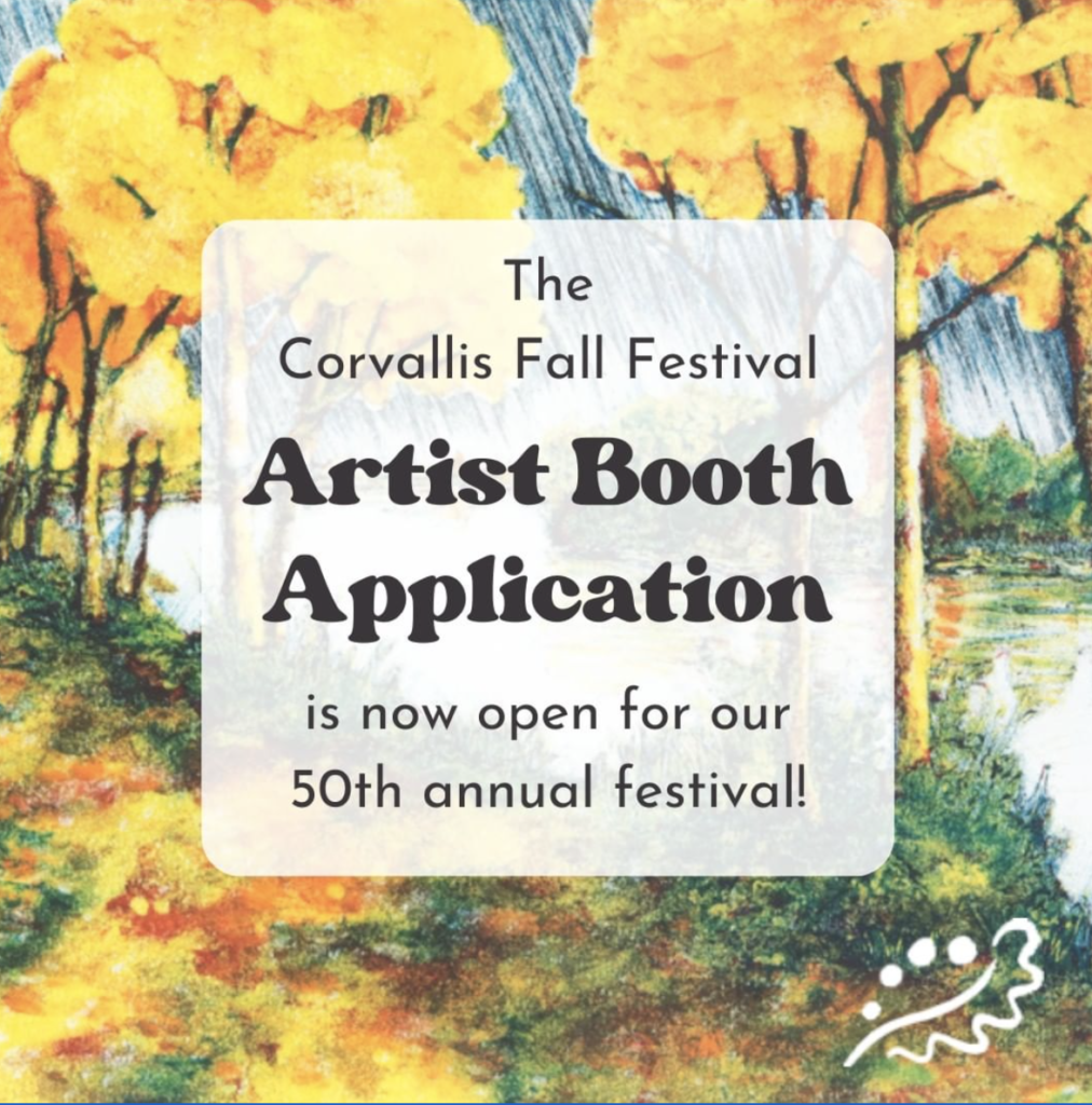 Fall Festival graphic of yellow gold fall trees with info about how to apply for a booth