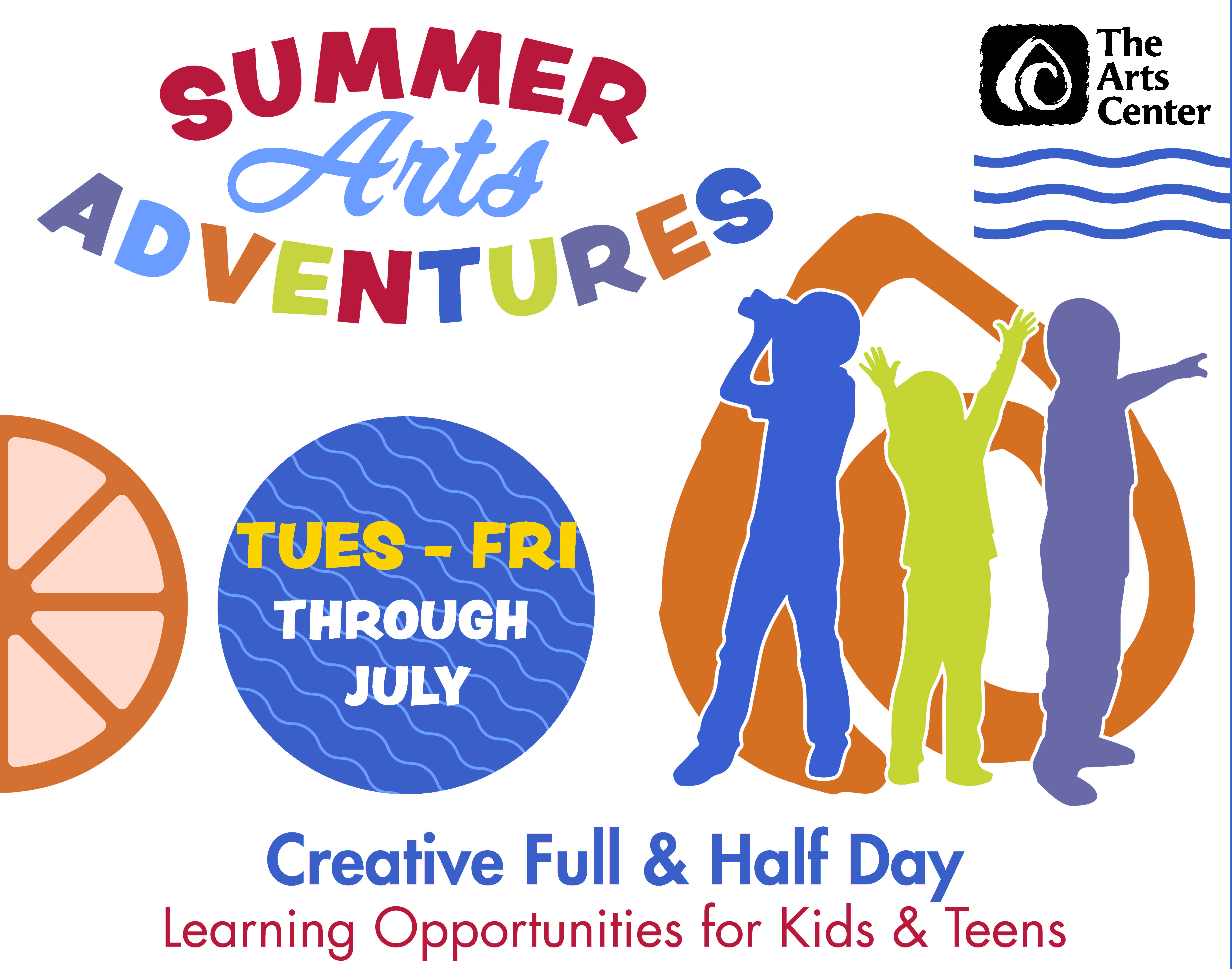 Graphic with sillouettes of youth exploring, stating Summer Arts Adventures.