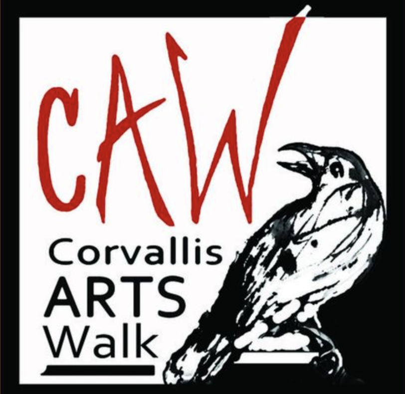 Corvallis Arts Walk logo  with large letters CAW and black crow in bottom of the image