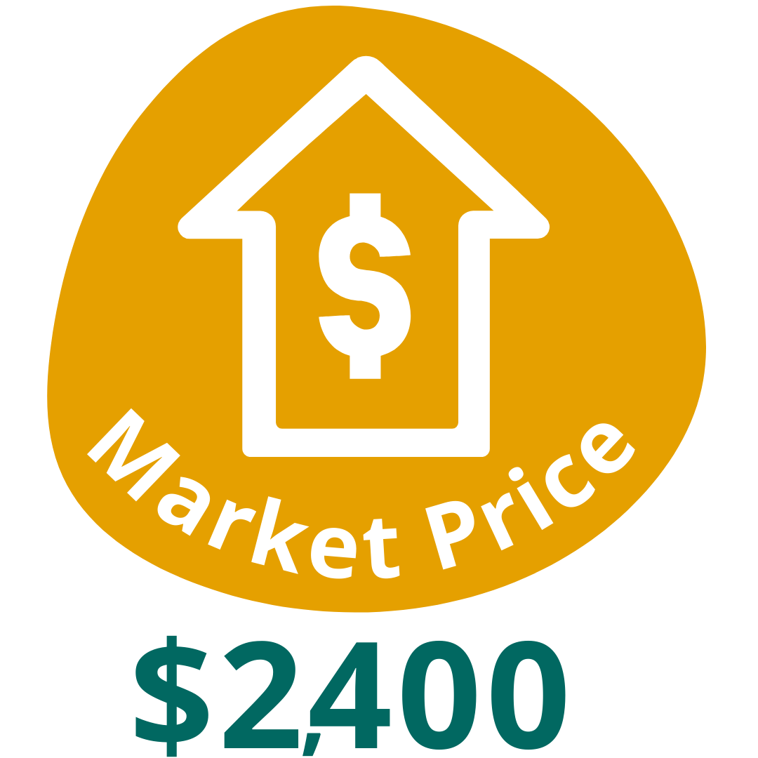 A yellow circle with an upward arrow and a dollar sign inside it. Below the icon are the words Market Price. Below the circle and icons the text reads $2,400.