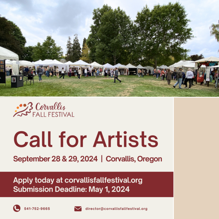 graphic image for corvallis fall festival call to artists showing artbooth lined park