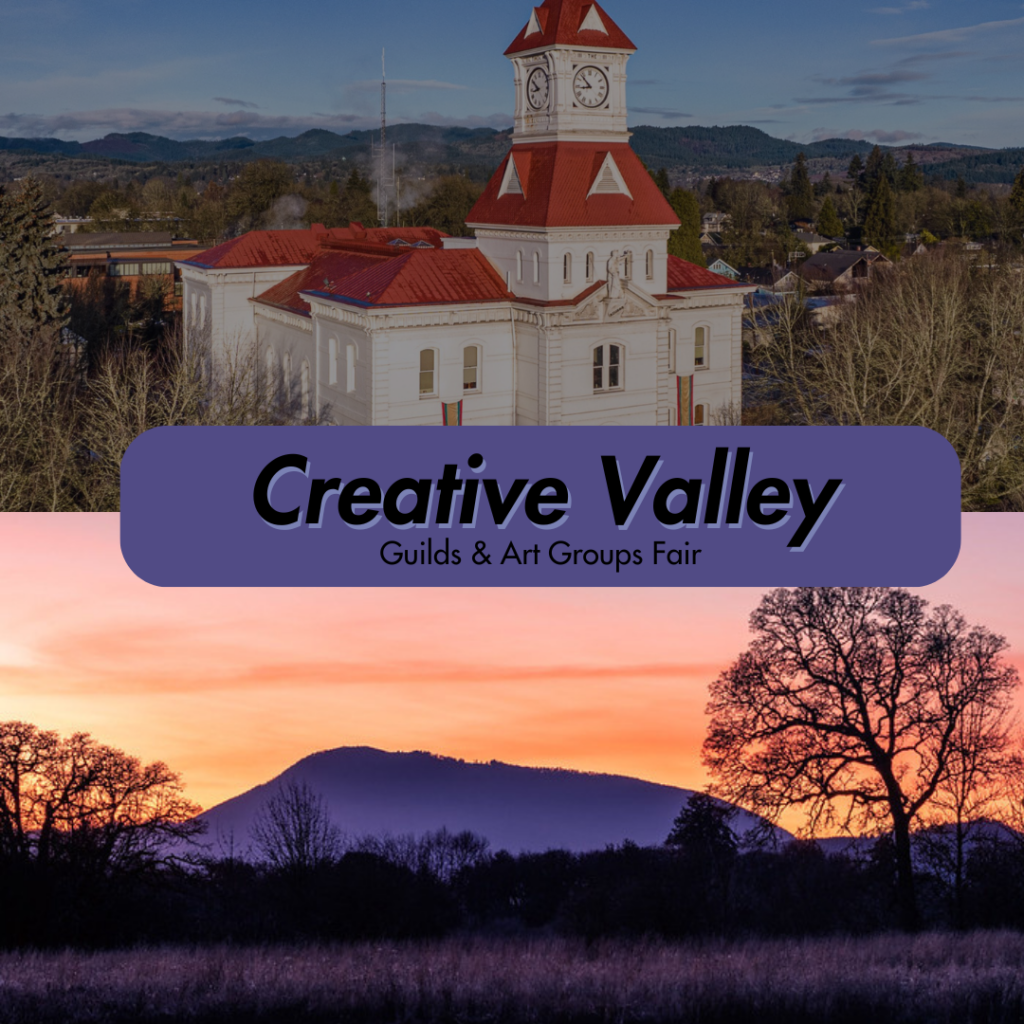 Image of Marys Peak and corvallis courthouse used as the background image for Creative Valley event