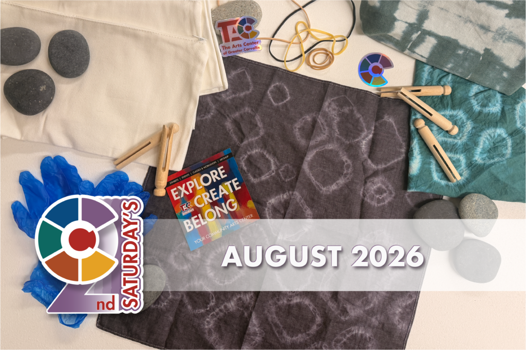 Tie-dye supplies arranged on fabric promoting The Arts Center's August 2026 2nd Saturdays Annual Tie Dye event.
