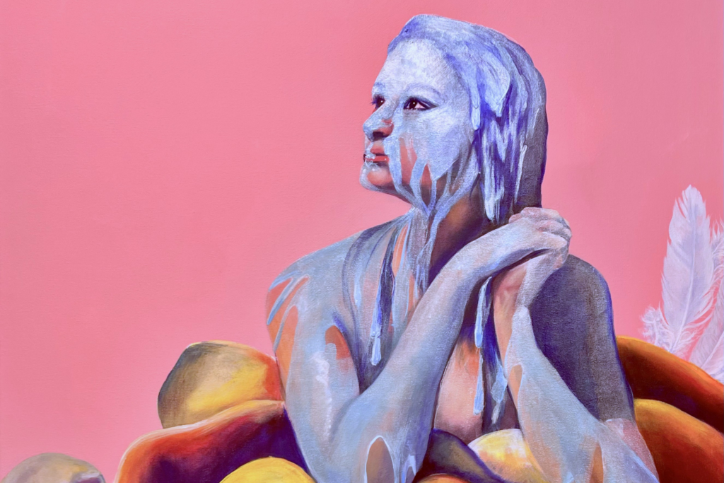 Promotional image for Serendipity, an exhibition by Avery McDowell at The Arts Center of Greater Corvallis, featuring a painted figure against a pink background.